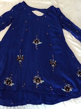 Free People Cobalt Blue Oxford Embroidered Cutout Back Swing Long Sleeve Dress